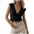 thumbnail image 2 of Women's V Neck Crop Tops Soft Casual Trendy Going Out Tank Top Summer Solid Color Cute Tees Blouses (L, Black), 2 of 7