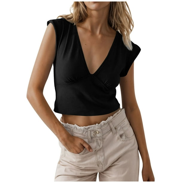 Camisetas para las Mujeres de Ajuste Suelto Casual Sólido V-Cuello Blusa, Moda Manga Corta Cuello Redondo Top para el Hogar Y el Uso Diario, Tela Suave
