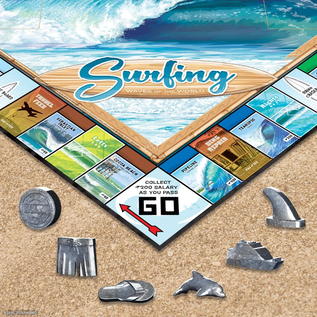 Monopoly: Surfing Waves of The World Board Game ? Buy, Sell, Trade Iconic Surf Spots Like Pipeline & Superbank, 6 Custom Beach-Themed Tokens, Family Game for Beach Sports Fans & Collectors, Ages 8+