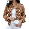 thumbnail image 2 of Yuaguia Women's Vintage Military-Style Denim Jacket, Double-Breasted Button Front Crop Coat with Stand Collar, Soft Stretchy Long Sleeve Outerwear for Fall Fashion & Daily Wear, Brown M, 2 of 5