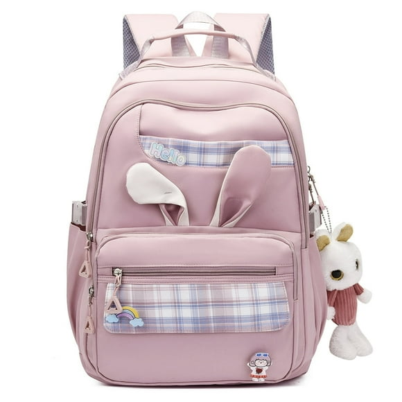 Fashion Plaid Backpack Cute Rabbit Pendant Child Student Book Schoolbag (Pink)