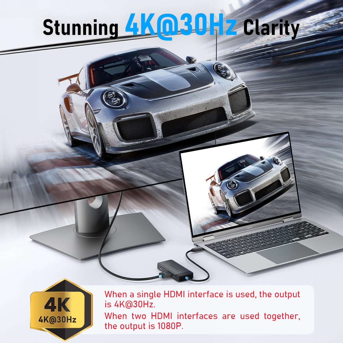 Lemorele 6 in 1 USB-C Multiport Hub, Laptop Splitter, PC Adapter, 4K Dual HDMI Adapter, USB A Data Port, 100W PD