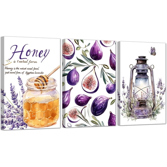 Hieng 3 Pieces Kitchen Canvas Wall Art Purple Lavender Pictures Honey and Figs Poster Prints Rustic Sweet Quotes Paintings for Farmhouse Decor Unframed