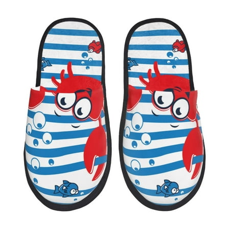 Balery Red Funny Crab on Blue Stripe Slient Indoor Furry Fleece Comfort House Shoes Soft Non-Slip Home Shoes Cotton slippers House Slippers-- Large