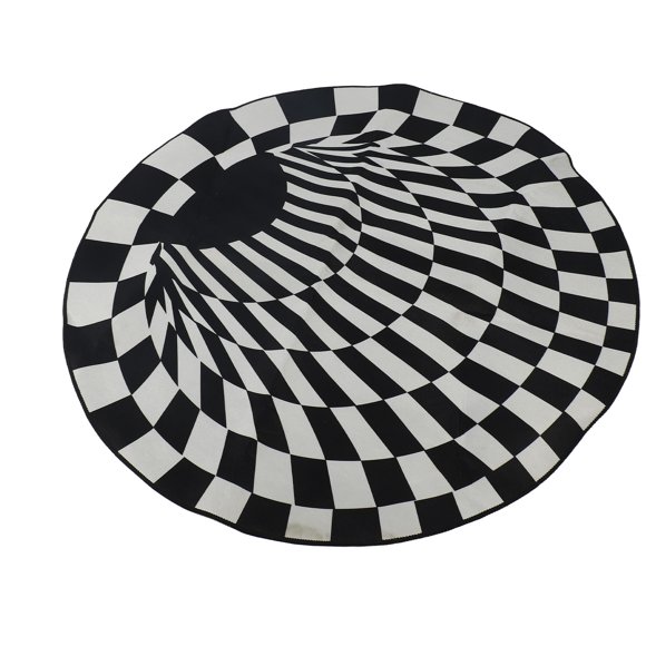 Room 3D Space Round Carpet, Checkered Swirl Optical Illusions Non Slip Area Rug Anti-Slip Floor Mat Non-Woven Black White Doormat, for Living Dinning Room Bedroom Kitchen