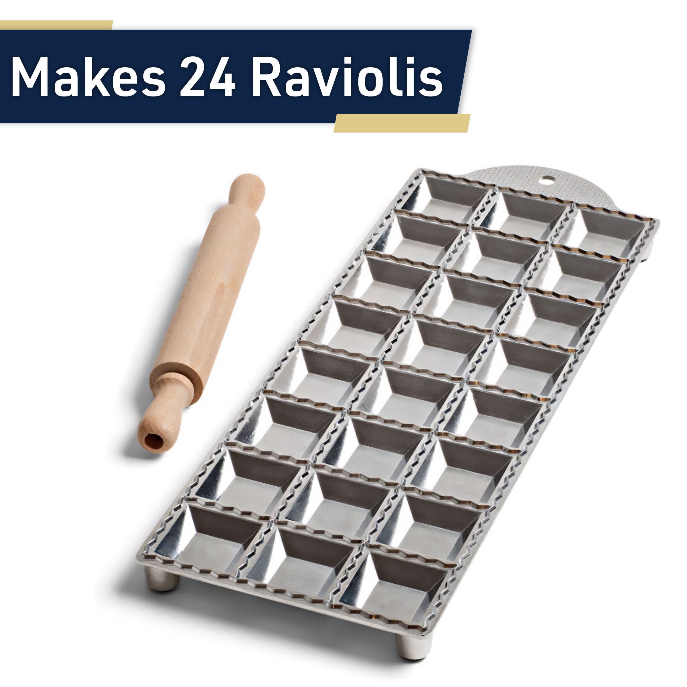 Kings County Tool Square Ravioli Maker Mold | Produce 2” Square Shape | Easy to Use | Wooden Pasta Roller Included | Non-Slip Rubber Foot Insert | Kitchen Necessity | Made in Italy