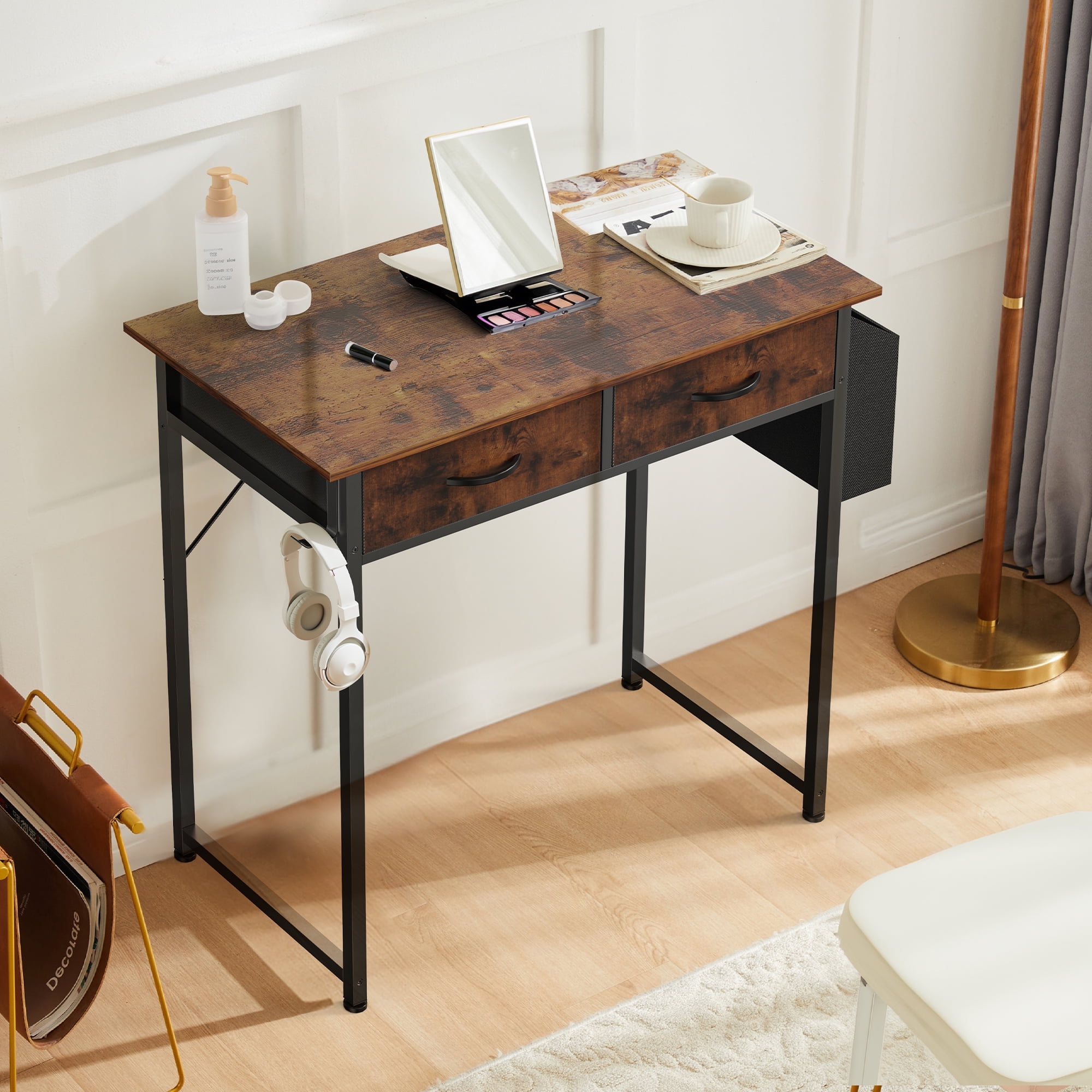 CONCETTA 32 Inch Computer Desk, With Drawers Storage Bag for Adult, For Home Office Bedroom, Rustic