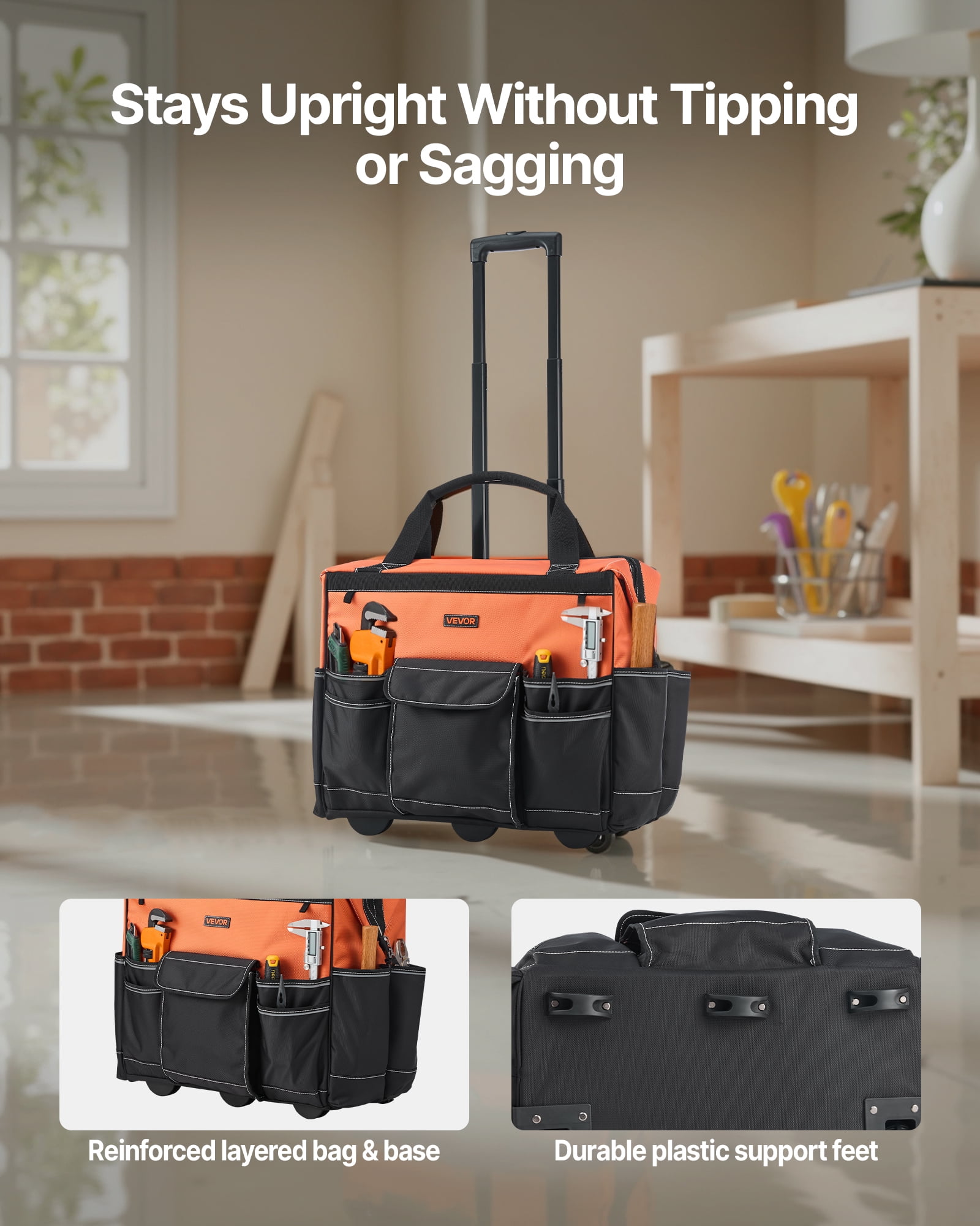 VEVOR Rolling Tool Bag, 110 lbs Load Capacity, 27 Pockets Heavy Duty Roller Tool Bag on Wheels, Adjustable Telescoping Handle & Stable Base, Toolbag Organizers with Wheels for Construction, Mechanic