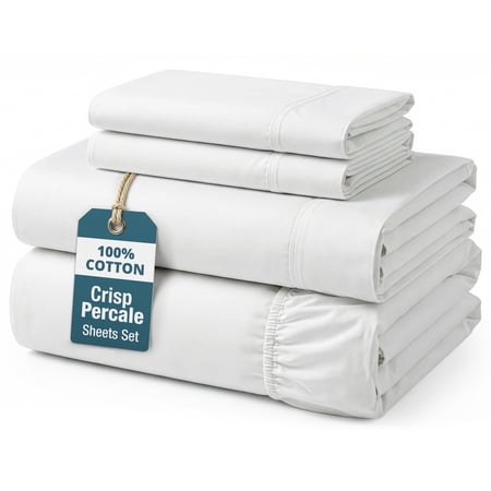 casa platino 100% cotton sheets set - 4 piece long staple cotton queen sheets, crisp & cool percale weave, every day comfort, 15" deep pocket fitted, machine washable - white