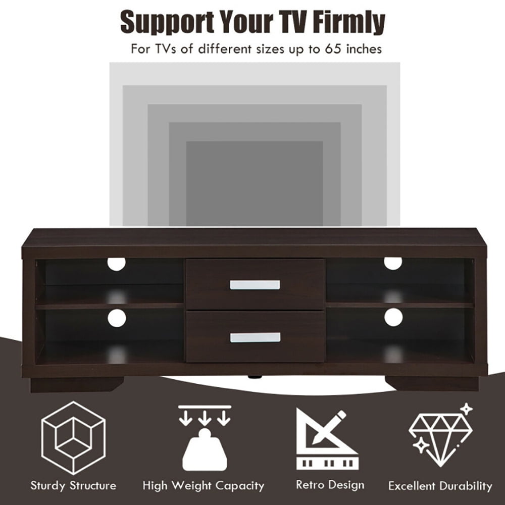 Finihen TV Stand, TV Cabinet, Modern TV Stand Entertainment Center with 2 Drawers and 4 Open Shelves, Media Entertainment Center with Storage, for Living Room, Bedroom, Brown
