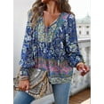 thumbnail image 3 of Women'S Casual Boho V Neck Top Loose Floral Printed Long Sleeve Beach Shirts Blouses Navy Blue XL, 3 of 8