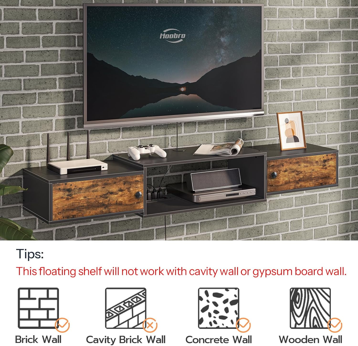 55" Floating TV Stand with Power Outlet, Modern Wall Mounted Media Console Shelf Cabinet for Under TV Storage, Entertainment Center, Living Room, Bedroom, Rustic Brown and Black BF11DS01