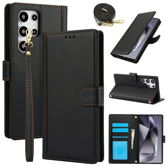 Wallet Case for Samsung Galaxy S25 Ultra with Wrist Strap & Shoulder Strap, Multiple Card Slots Purse, PU Leather Stand Business Protective Phone Cover for Samsung Galaxy S25 Ultra - Black