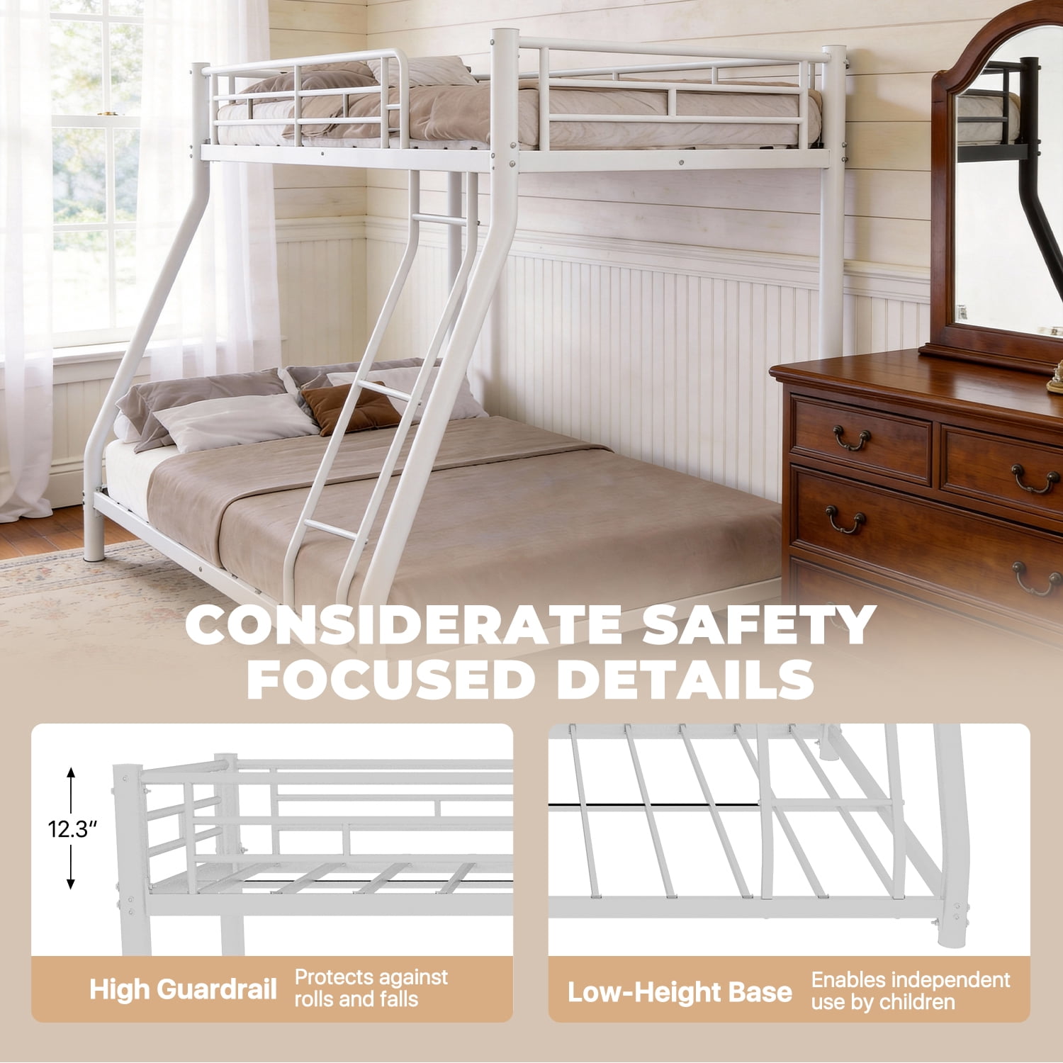 BaPiPro Metal Bunk Bed Twin Over Full Size with Removable Stairs, Heavy Duty Metal Frame for Teens & Adults, No Box Spring Needed, White