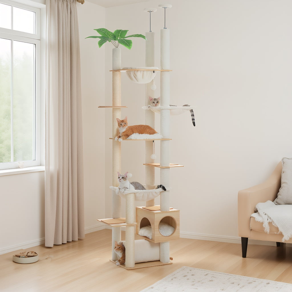 Pefilos Floor to Ceiling Cat Tree 93.3’’-100.8’’ Height Adjustable, Wooden Cat Tower Tall Climbing with Scratching Posts, Condo, Perches and Hammock, Beige