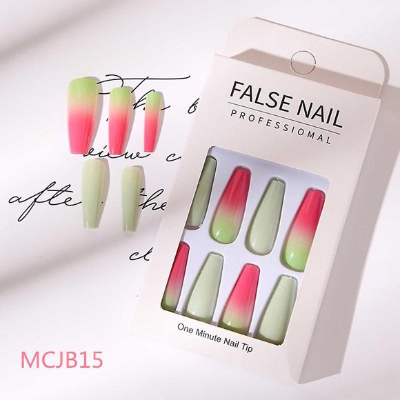 Uñas postizas HUOGUO, color degradado, cabeza larga y plana, 24 unidades