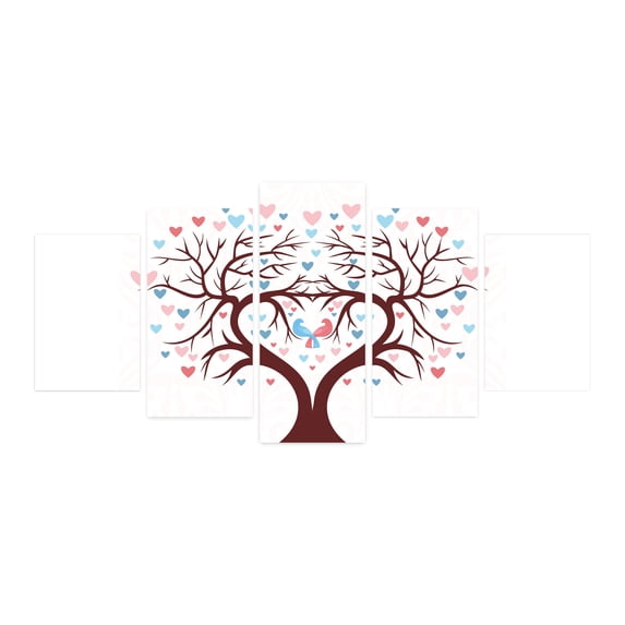 Family 5 Panels Acrylic Glass Wall Art, Wedding Tree in Shape of a Heart with 2 Birds and Smaller Hearts as Leaves, Accent for Living Room, Bedroom, Dorm, 60" x 30", Maroon Pink and Blue, by Ambesonne