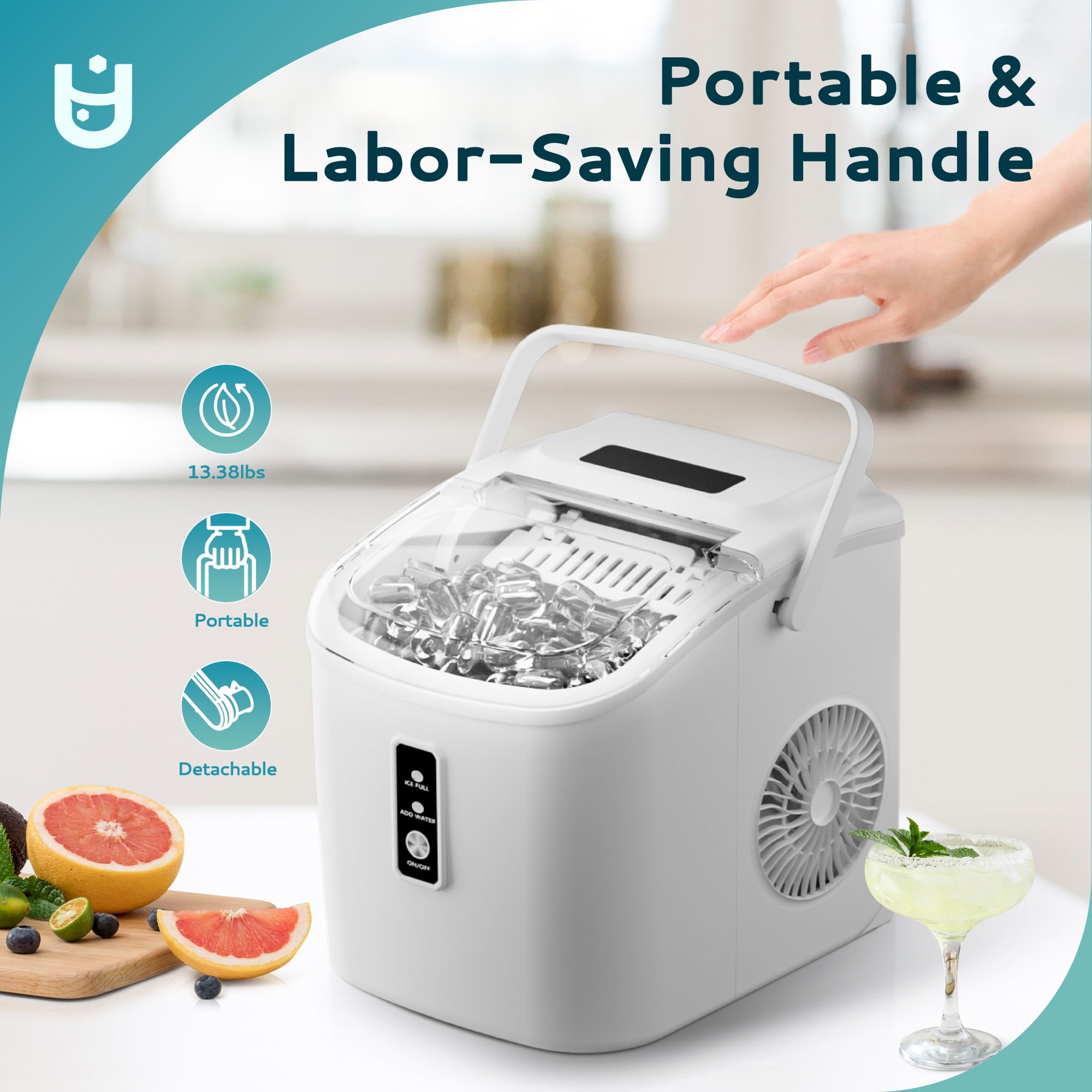 EUHOMY Countertop Ice Maker 26 lbs/Day Portable Self-Cleaning, 9 Bullet Ice in 6 Min, White