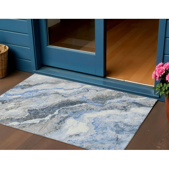 HomeRoots 618418 3 x 5 ft. Blue & Silver Botanical Leaves Washable Indoor & Outdoor Rectangle Area Rug