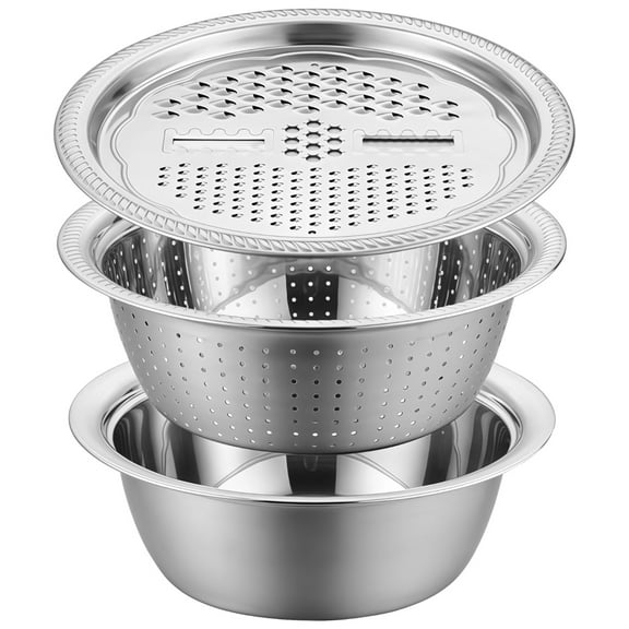 3 Pcs Multifunctional Stainless Steel Grater Bowl Set, 30 cm/11.8 in Large Mixing Basin, Colander for Kitchen Food Prep, Versatile Grater Lid, Induction Cooktop Compatible