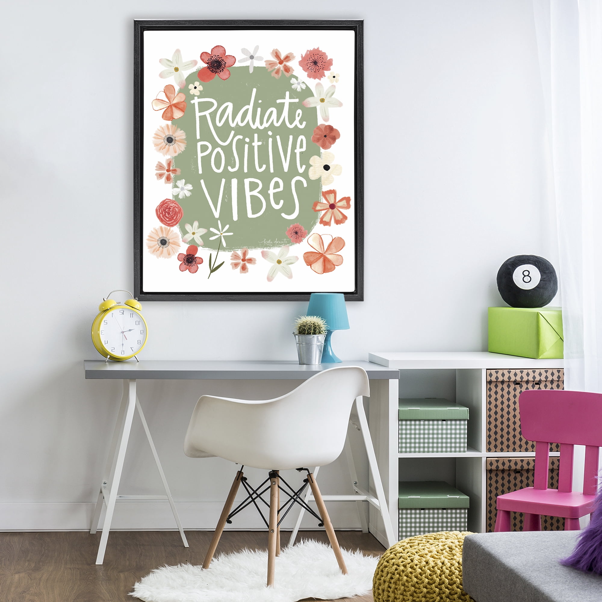 Stupell Industries Floral Radiate Positive Vibes Black Framed Floater Canvas Wall Art, design by Katie Doucette