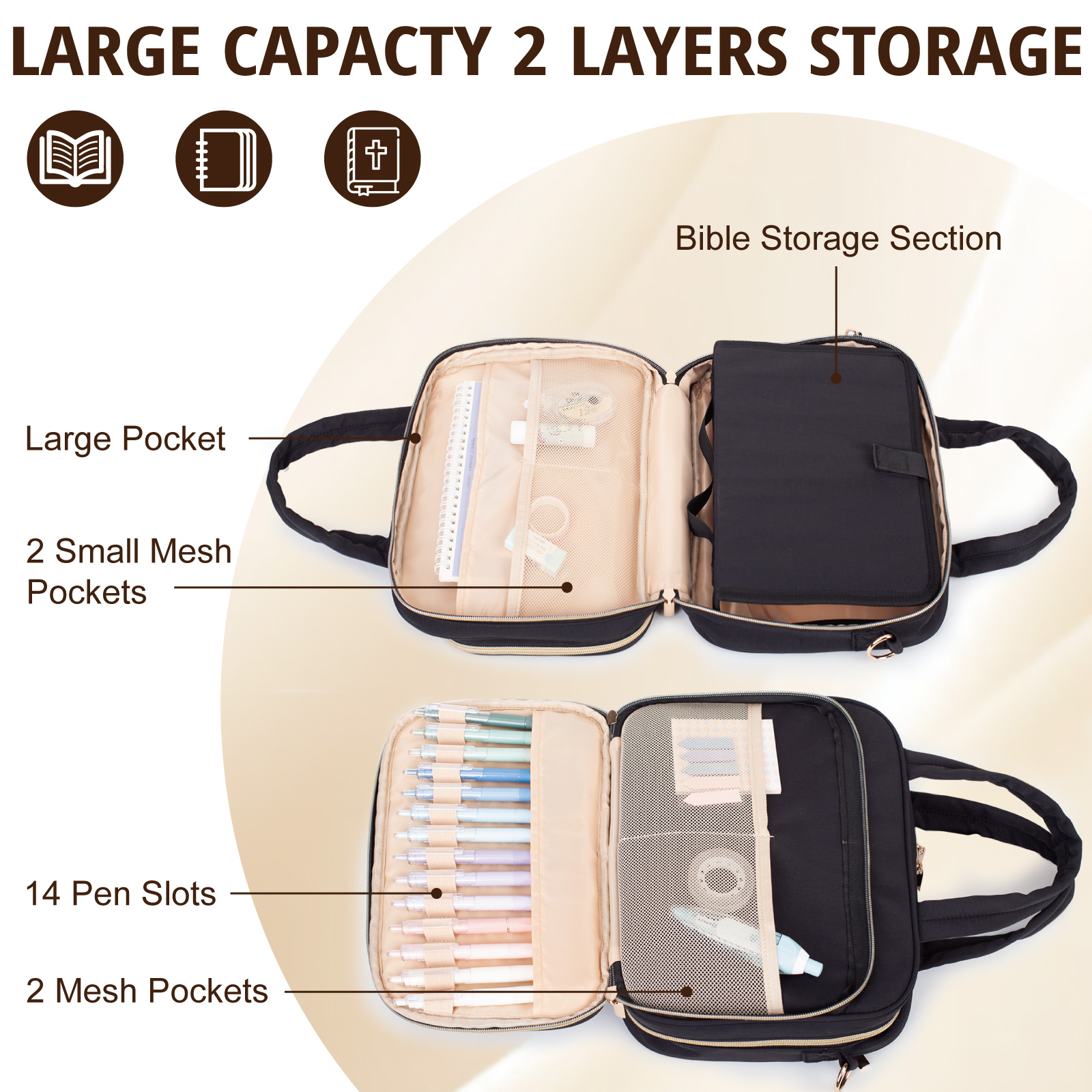 Bible Cover for Women, 2 Layers, Large Bible Carrying Case with Handles Shoulder Strap, Soft Puffy Quilted Bible Bag with Book Cover Organizer, Bible Tote for Church Study Supplies Accessories