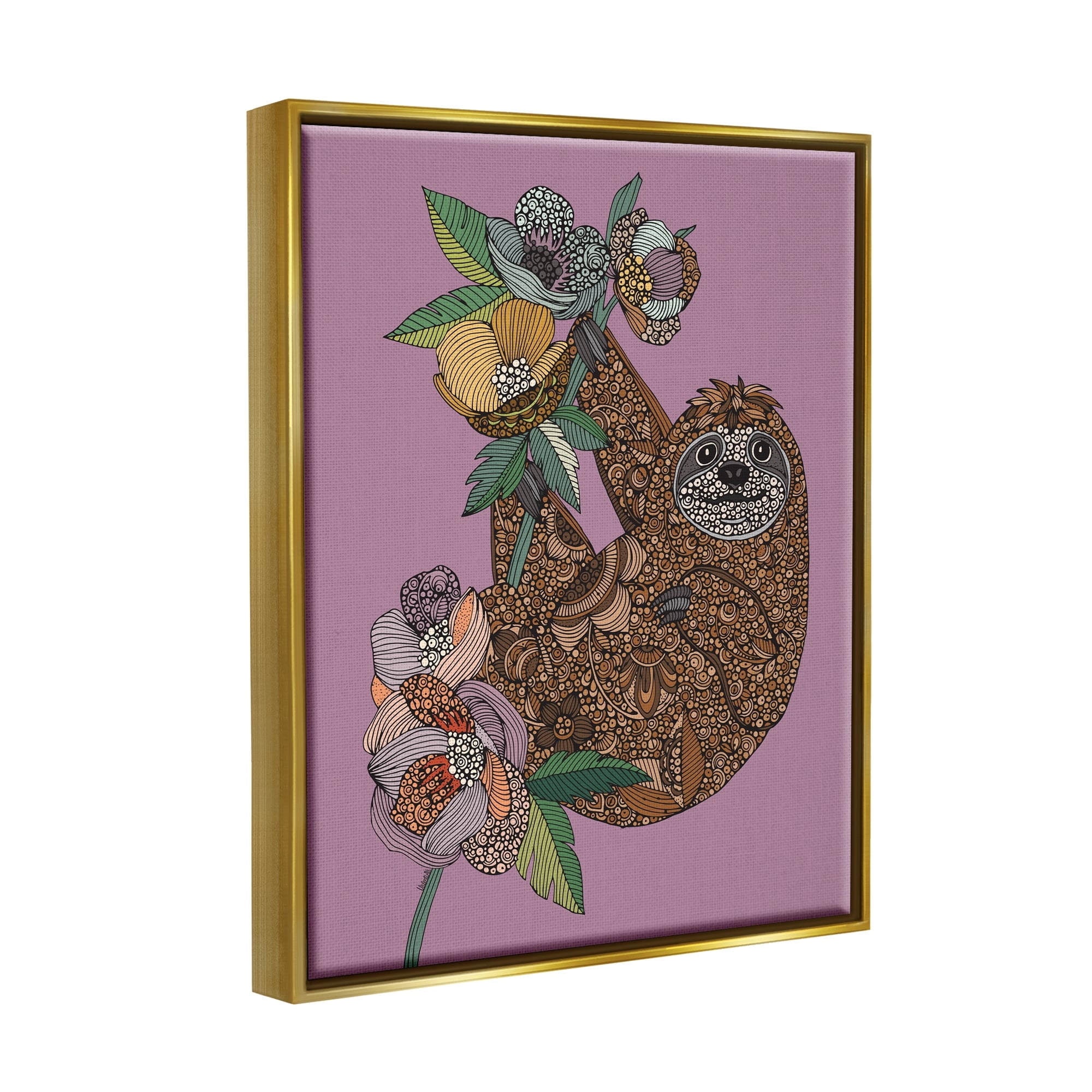 Stupell Industries Sloth Hanging Flower Blossoms Intricate Fractals Pattern Graphic Art Metallic Gold Floating Framed Canvas Print Wall Art, Design by Valentina Harper