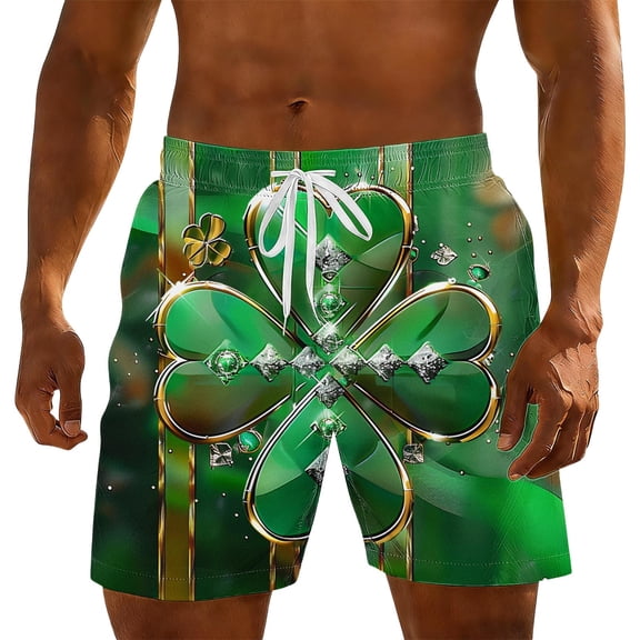 UVEASISHA St. Patrick's Day Big and Tall Shorts for Men Novelty Clover Printed Swim Trunks Drawstring Elastic Waistband Board Shorts with Pockets Green M