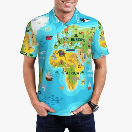 Goofa World Map With Animals Landmarks Print Mens Polo Shirts Quick Dry Short Sleeve Golf T Shirt Performance Moisture Wicking Casual Workout-Small