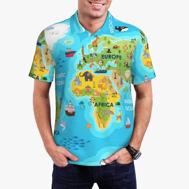 Balery World Map With Animals Landmarks Camisa Polo de Hombre con Estampado, de Manga Corta y Tejido Medio, Camisa Tipo Golf Polo-XX-Large