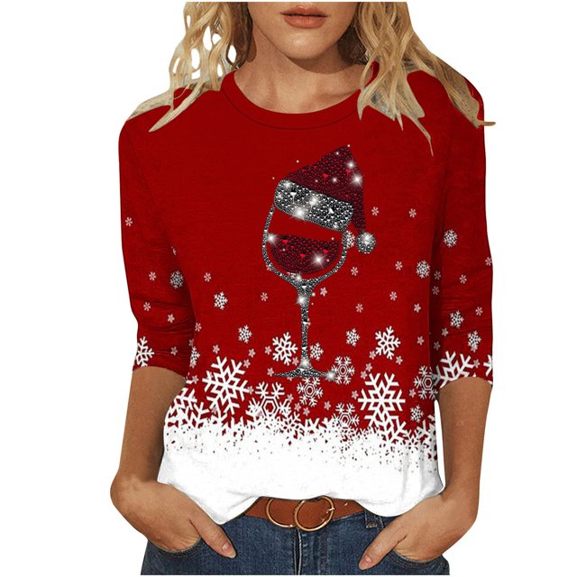 Camisetas de Navidad para Mujeres, 3/4 Manga Cuello Redondo Blusa con Estampado de Vacaciones, Top de Moda Casual