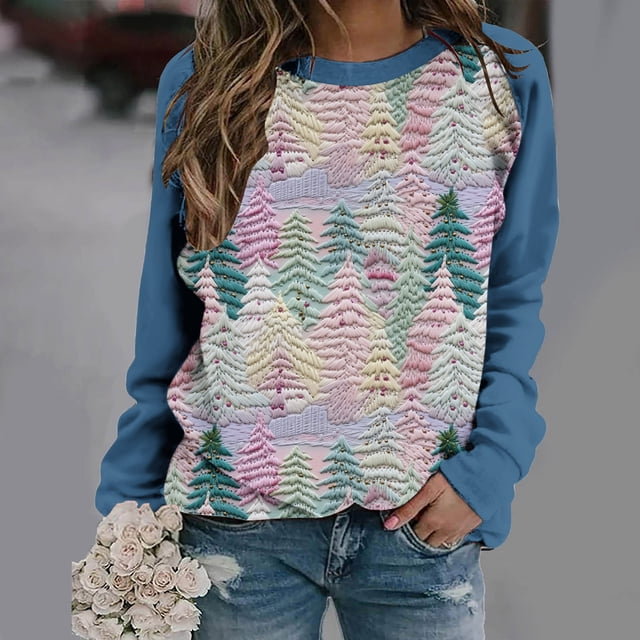 Aqestyerly Haut de Noël pour Femme Blouse à Manches Longues Imprimée de Noël pour Femme Col Rond Tunique Décontractée
