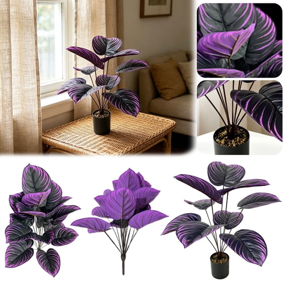 1PC Artificial Purple Calathea Potted Plant, Faux Bonsai Ornament for Home Hotel Desk Indoor Party Table Decor