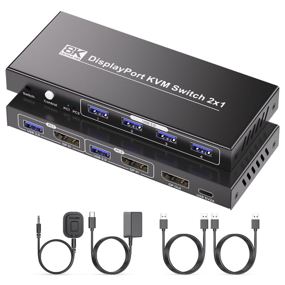 DisplayPort KVM Switch 1 Monitor 2 Computers, 2 Port DP KVM Selector Supporting 8K@60Hz & 4K@120Hz, Built-In 4-Port USB 3.0 Hub for Keyboard and Mouse Sharing