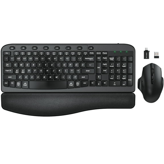 Ergonomic Wireless Keyboard and Mouse Combo, Leather Cushioned Palm Rest, Wave Keys, Silent Typing, 2.4G Lag-Free-Wagpak
