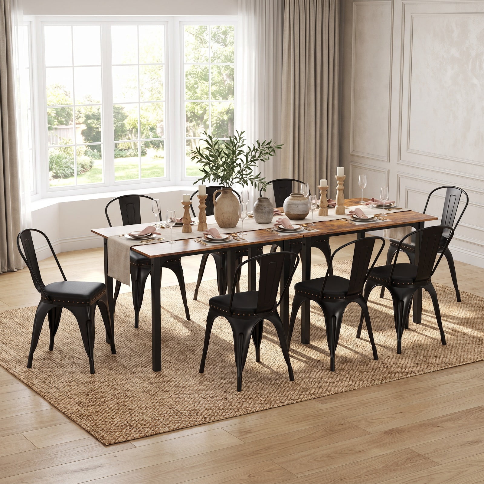 Furnibear Metal Dining Chair Set of 4 Stackable Kitchen Chairs with Removable Backs and PU Leather Cushioned Seat for Kitchen Dining Room, Black