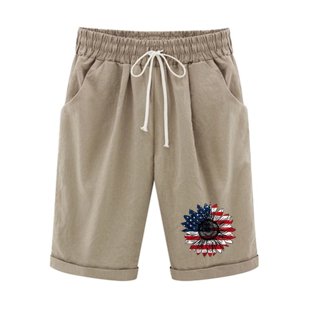 Pantalones Cortos Casuales para Mujer Día de la Independencia Impreso Elástico de la Cintura, Pantalones Cortos de Verano para Mujeres