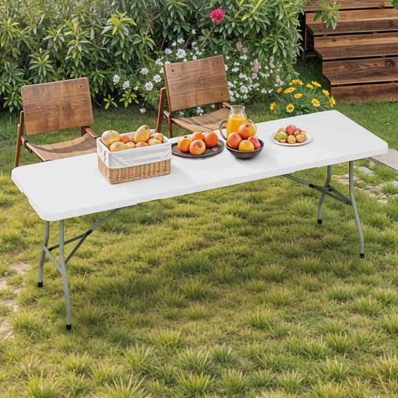 Uforic 8ft Folding Table, Heavy Duty Half-Fold Plastic Table with Carry Handle, Portable Foldable Table for Camping, Picnic, Party, Indoor and Outdoor Events, White