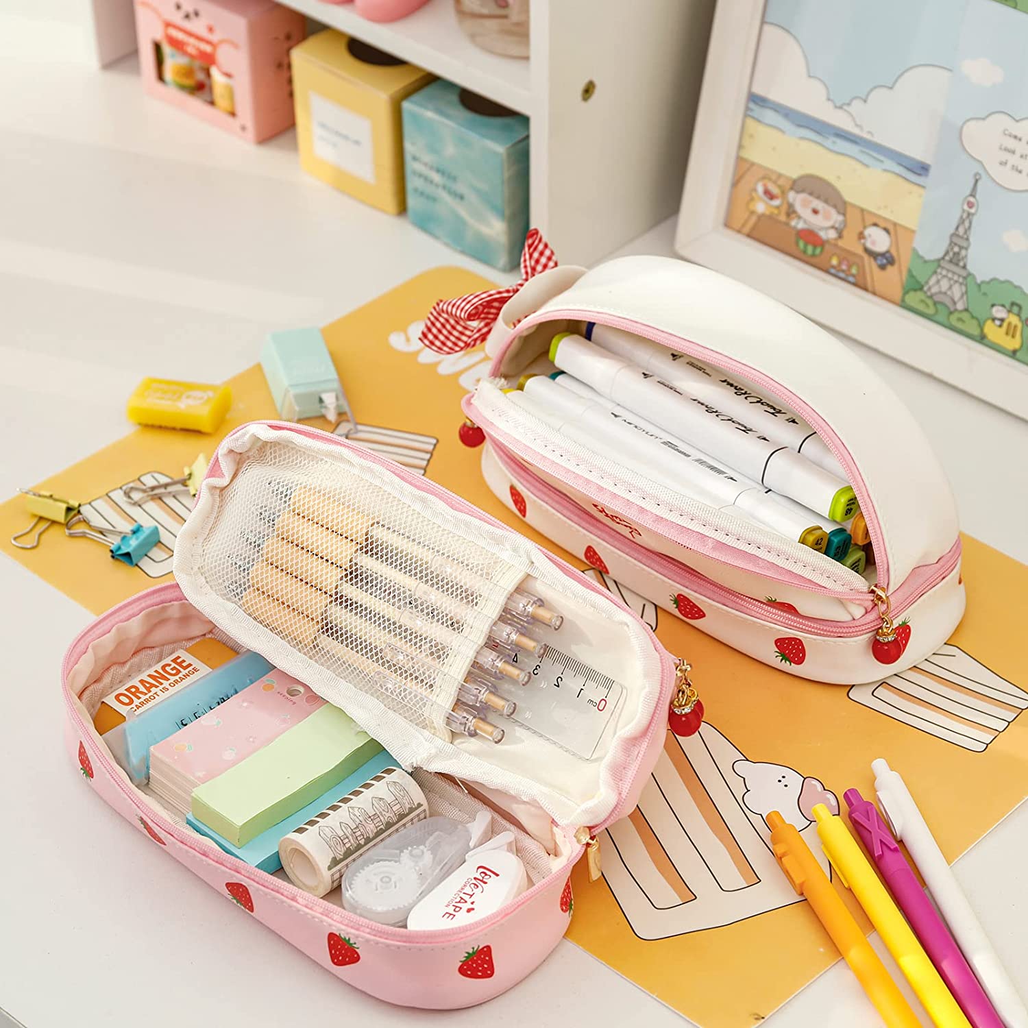 Trousse à Crayons Fleurs + Porte-clés Fleur - Set Papeterie Mignon Pour Fille