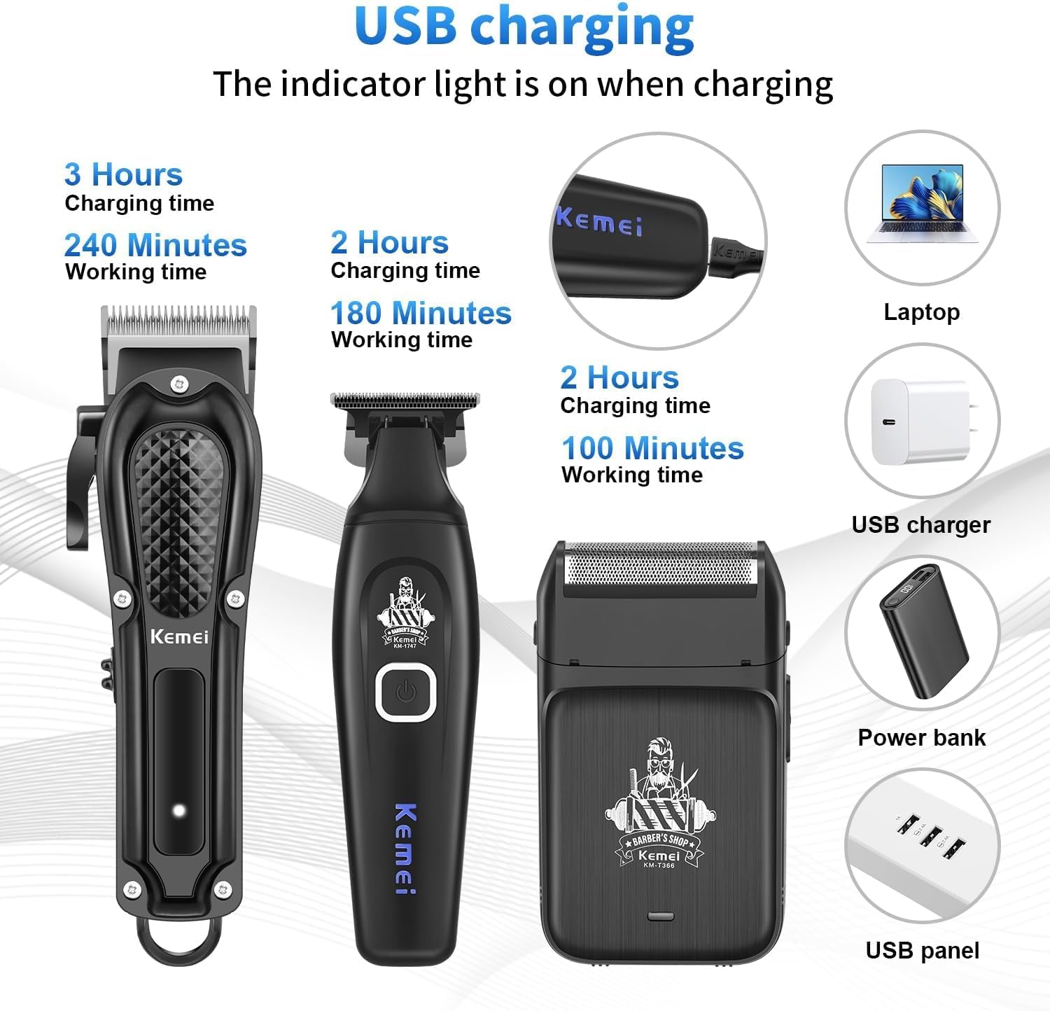 KEMEI Cordless Hair Clippers for Men, Beard Trimmer, Electric