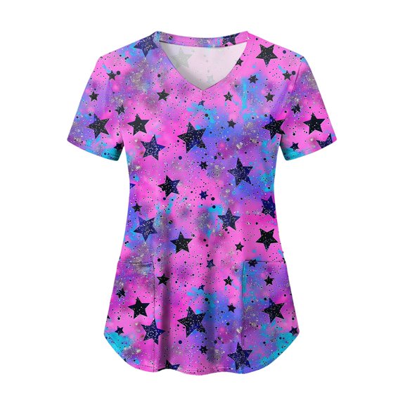 felwors Scrub Tops Women Short Sleeve V-Neck Holiday Printed Medical Nurse Uniforms Scrub Tops Shirt with Pockets Light Purple for Size S
