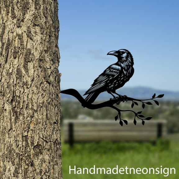 Handmadetneonsign Crow On Branch Metal Tree Stake, Crow Garden Tree Stake, Crow Bird Metal Tree 68483
