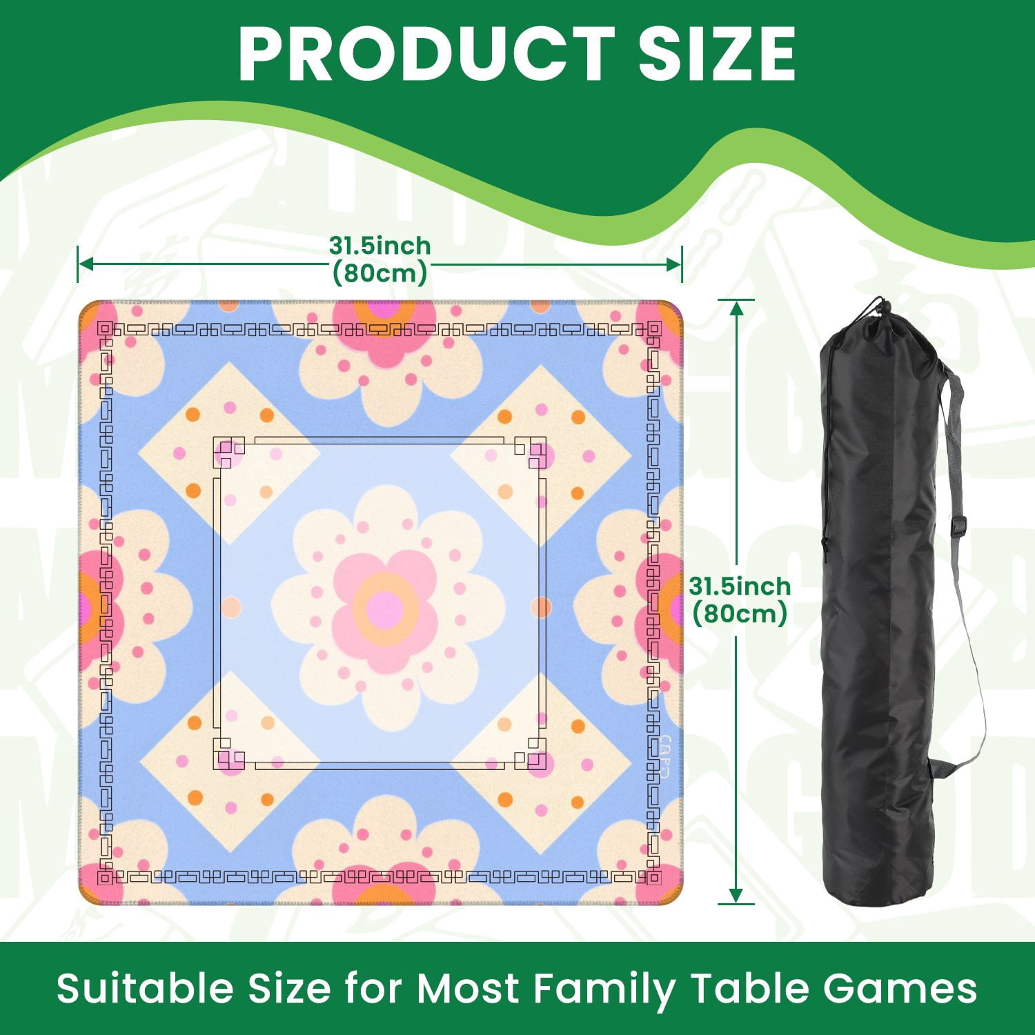 Mahjong Mat 31.5" x 31.5" Floral Geometric Pastel Tones Blue Non-Slip Noise Reduction American Mahjong Tiles Table Cover for Dominoes Poker Card Board Games Gift