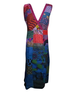 Mogul Women Cotton Patchwork Deep Neck Sleeveless Hippy Gypsy Midi Dress L