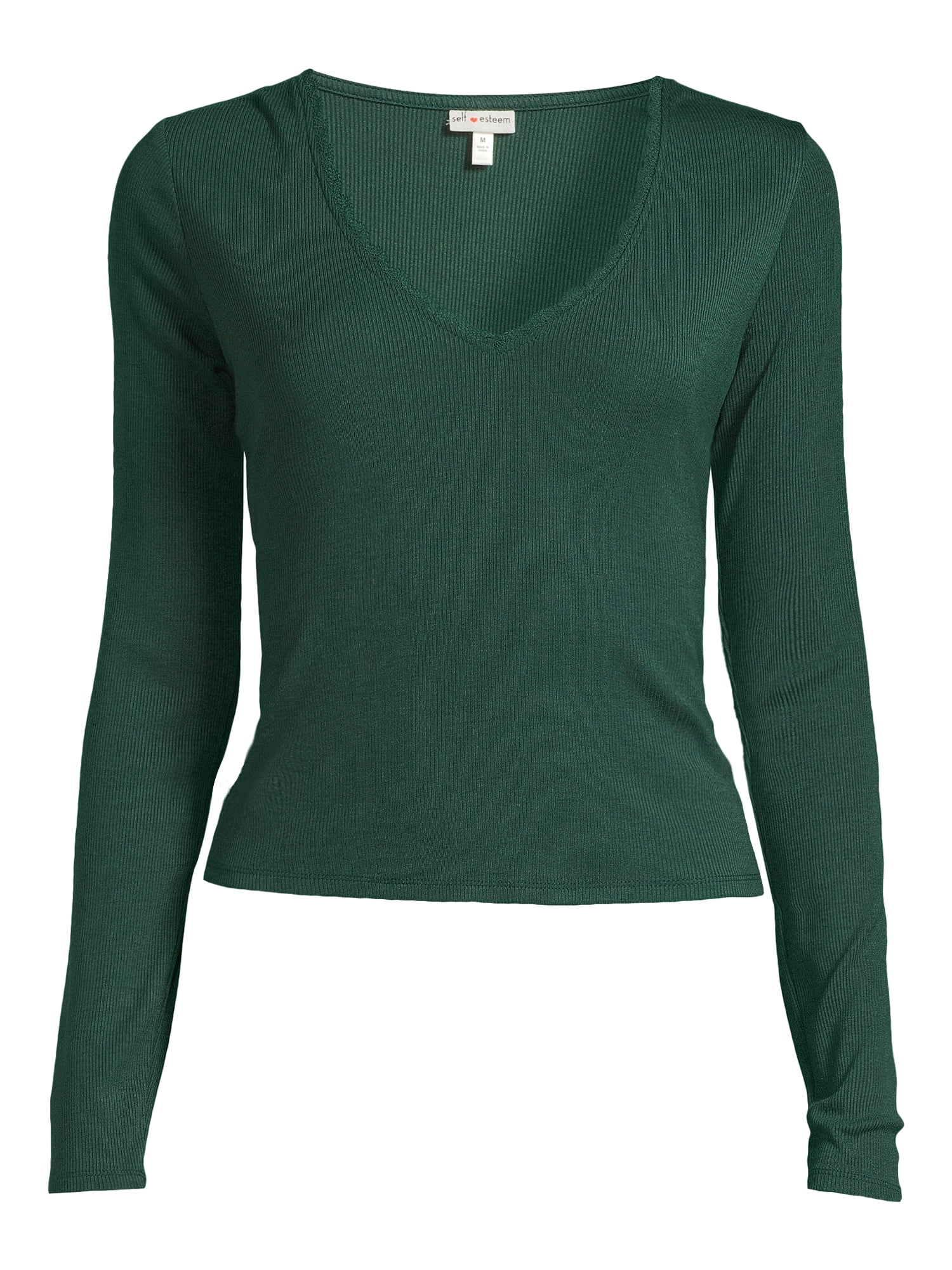 Self Esteem Juniors Lace Trim V-Neck Tee with Long Sleeves
