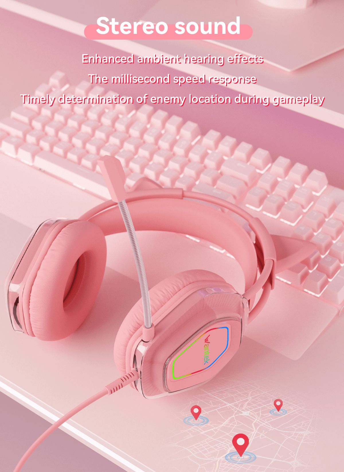 Wantek V10 Cat Ear Style Gaming Headset with comfortable fit and vibrant RGB lighting, Hi-Fi Sound - Pink