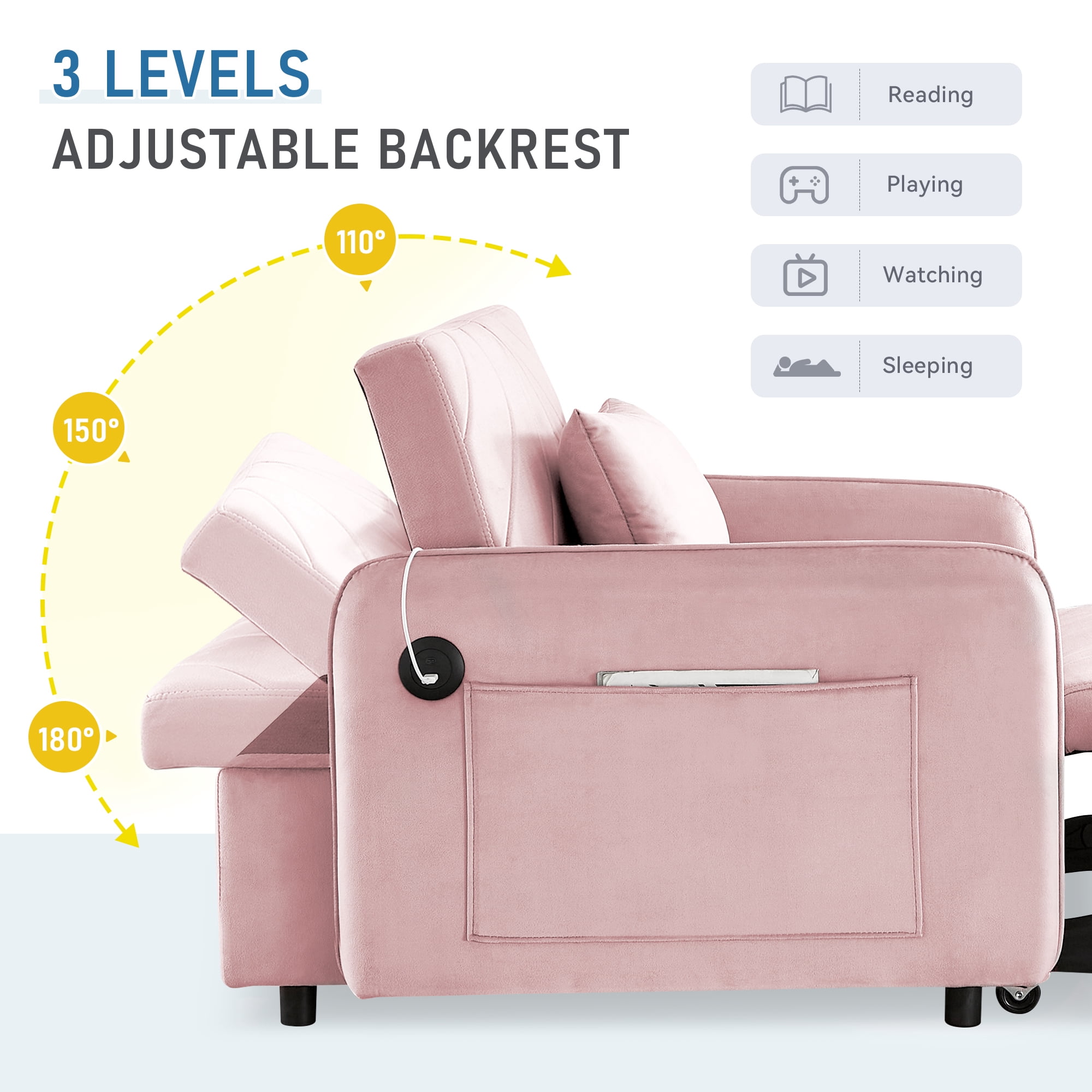 Lunale 3-in-1 Convertible Sleeper Chair Bed, Indoor Lounge Chair with USB/Type-C, Pink Velvet