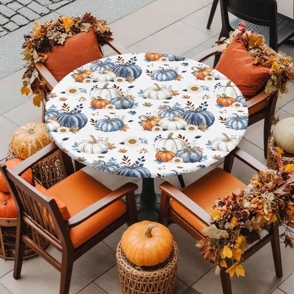 Thanksgiving Fitted Tablecloth for Round,Fall Orange White Blue Pumpkin Sunflower Leaf Table Cover with Elastic Edge Waterproof Table Cloth, Autumn Circle Covers for Kitchen Indoor Outdoor Picnic