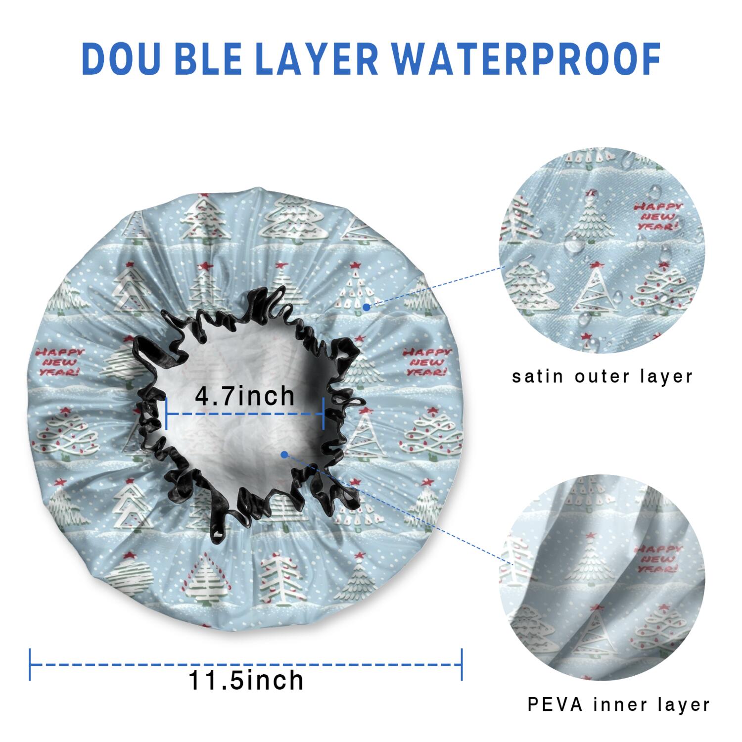 Shower Caps,Blue Christmas Tree Pattern Waterproof Shower Cap for Women 4 Pieces,Double Reusable Hair Cover for Shower PEVA Elastic Stretch Hem