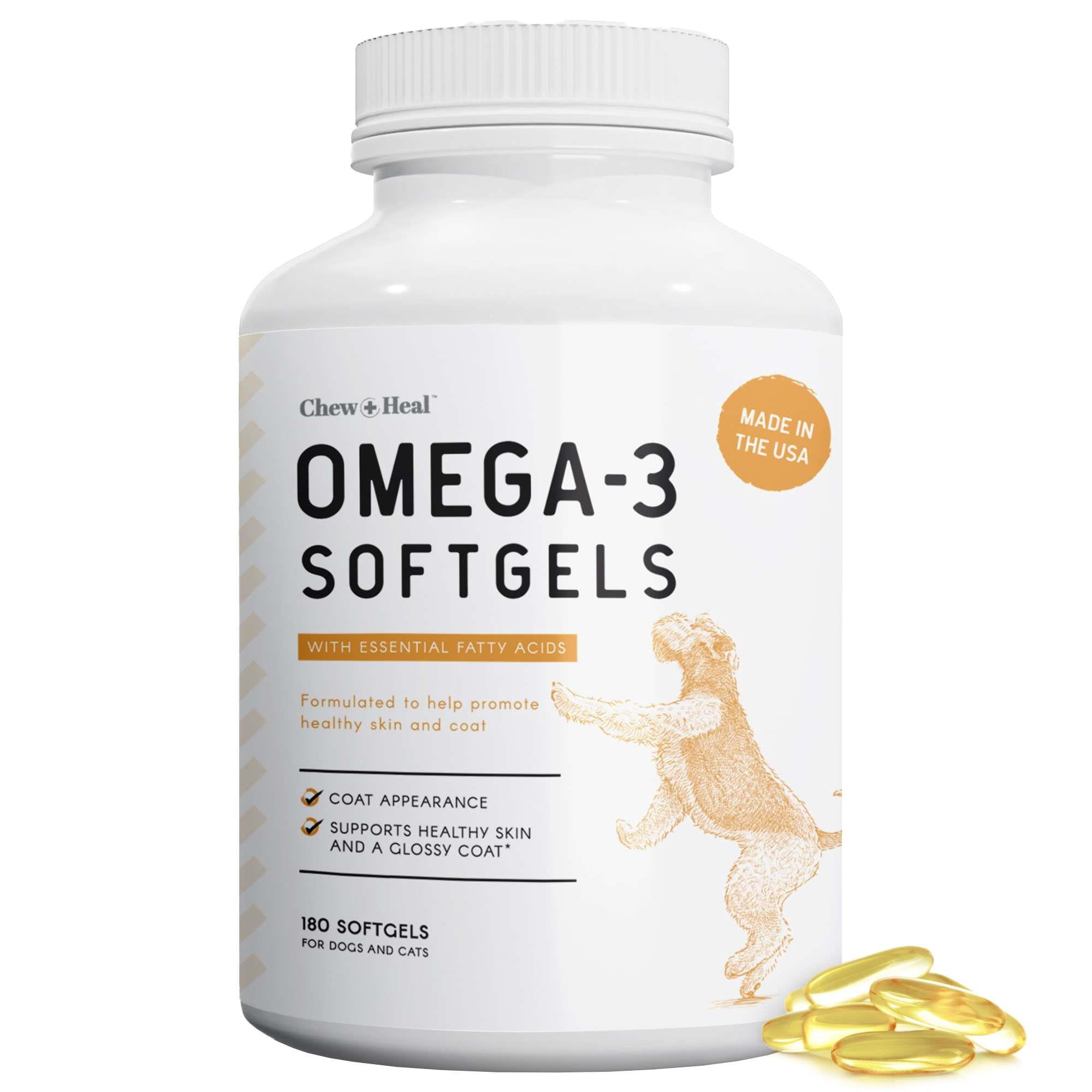 Chew + Heal Omega 3 Fish Oil for Dogs - 180 Softgel Capsules For Healthy Skin and Coat - 1000 mg